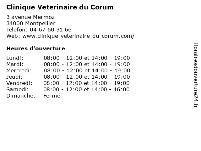 Horaires d ouverture Clinique Veterinaire du Corum 3 avenue